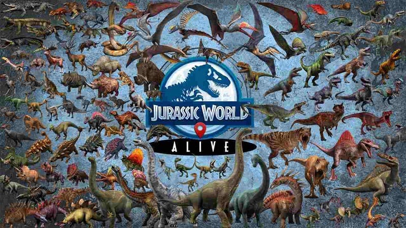 Play Genesis Augmented Reality Games. Jurassic park logo with hundreds of different dinosaurs around it for the Jurassic World Alive augmented reality game